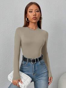 SHEIN PETITE 女款圓領長袖T恤連身衣，適合嬌小女性 - 軍綠色 - 查看 4