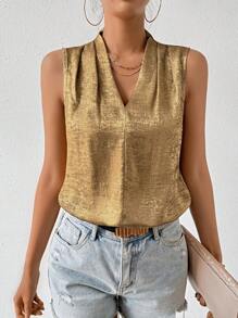 SHEIN Privé V領無袖襯衫 - 金色 - 查看 3