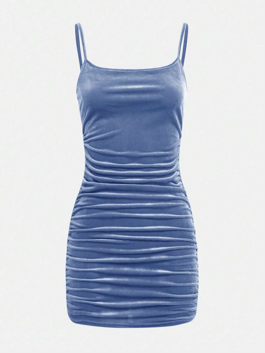 SHEIN Teen Girl Velvet Pleated Holiday Cami Dress - Dusty Blue - View 1