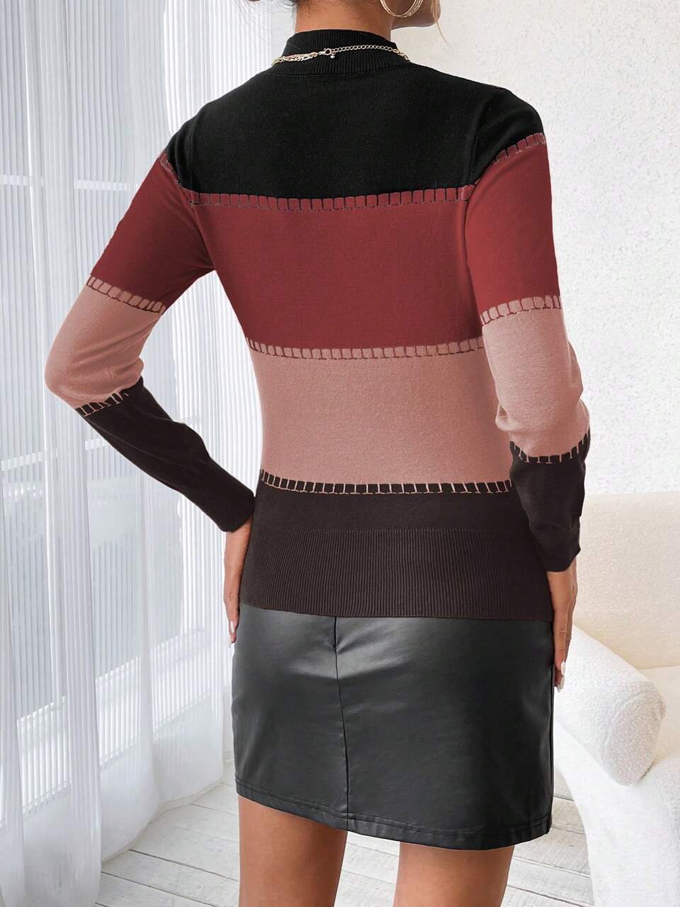Women's Colorblock Stand Collar Knit Pullover Fall Winter Sweater