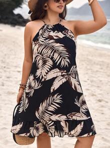 SHEIN VCAY Plus Size Boho Plant Print Halter Neck Summer Dress