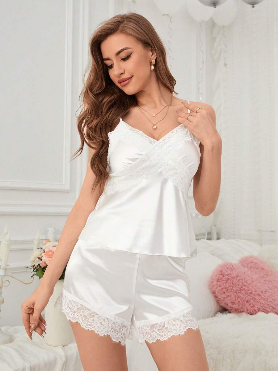 Conjunto De Pijama Con Ribetes De Encaje Blanco - Blanco - Ver 1