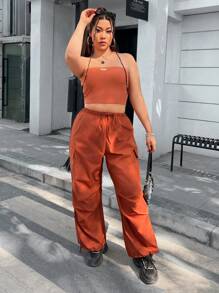 SHEIN EZwear CURVE 女士加大碼連身工裝褲,帶有字母補丁上衣和錐形褲管 - 鏽棕色 - 查看 5