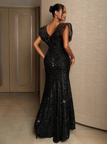 SHEIN Belle Women's Off Shoulder High Slit Hem Sequined Evening Dress With Ruffle Sleeves For Holiday Party Clothes