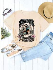 SHEIN LUNE 字母和西部牛仔印花短袖t恤 - 杏色 - 查看 4