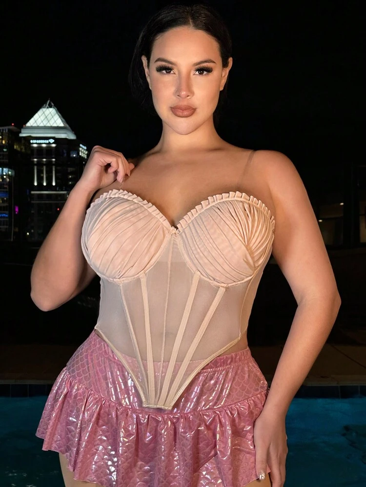 Plus Size Mesh Spliced Pleated Bra Cup Fitted Top