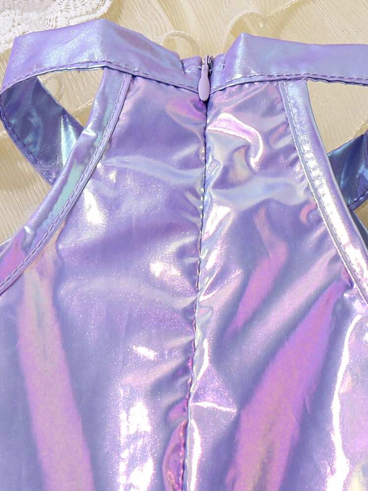 SHEIN Young Girl Casual Colorful Laser-Reflective Halter Romper - Purple - View 3
