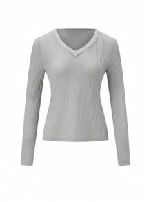 Chiquease Solid Color Lace Hem T-Shirt - Grey - View 1