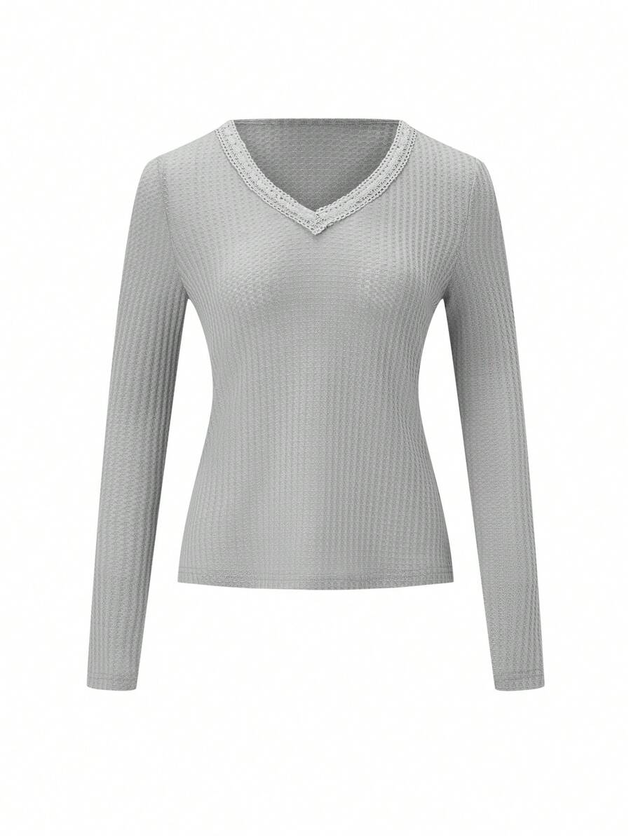 Chiquease Solid Color Lace Hem T-Shirt - Grey - View 1