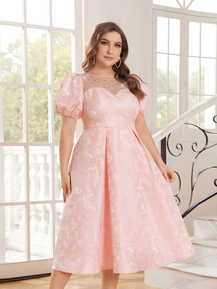 SHEIN Belle Plus Size Women's Pink Sweetheart Neck Puff