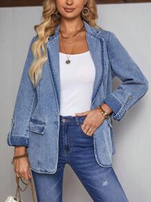 SHEIN LUNE Giacca In Denim Con Maniche Risvoltate E Colletto Rovesciato