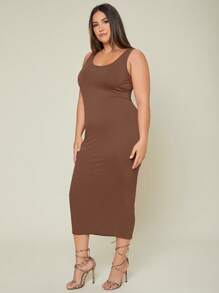EMERY ROSE Plus Solid Bodycon Casual Dinner Dating Dress - Brown - View 5