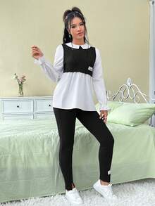 SHEIN EZwear Của phụ nữ Tay áo dài Khối màu Áo Và Xà cạp Bộ - Đen và trắng - Xem 4