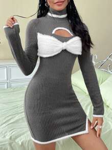 SHEIN EZwear Women'S Color Block High Neck Hollow Out Bow Decoration Dress With Furry Edge