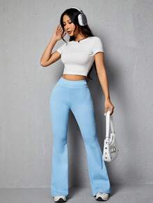 SHEIN PETITE Pantalones Acampanados Unicolor Para Mujer - Azul - Ver 6