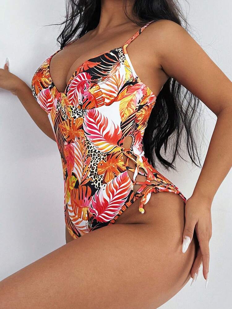 Summer One-Piece Swimsuit With Leopard & Plant Print Splicing Carnival