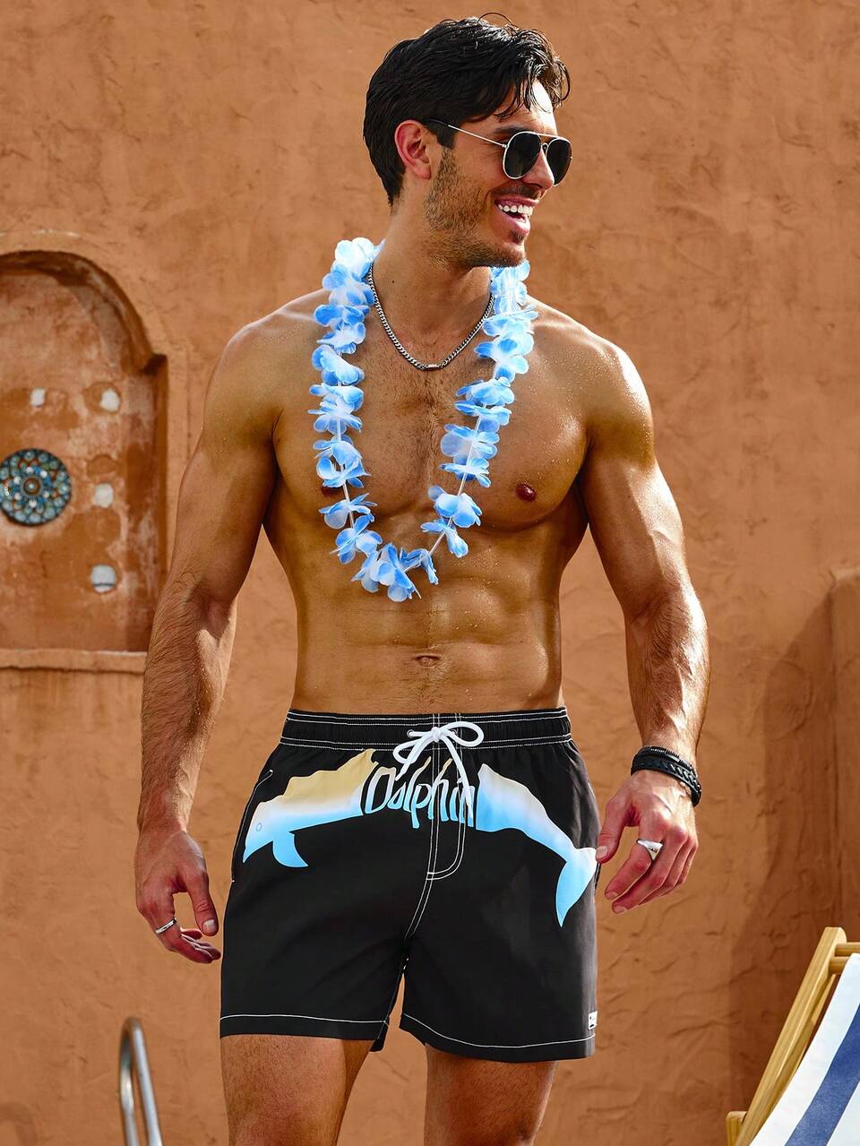 Men'S Dolphin & Letter Pattern Drawstring Waist Beach Shorts