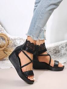 女士时尚罗马凉鞋，坡跟，厚底，露趾，镂空设计，圆头，露趾，带装饰，后拉链 - 黑色 - 查看 2