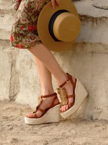 Styleloop Women's Fashion Vacation Fringe Decor Rhinestone Brown Wedge Thick Bottom Sandals - Brown - View 2