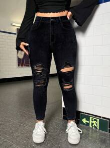 SHEIN ICON Women'S Plus Size Ripped Skinny Jeans - Black - View 1