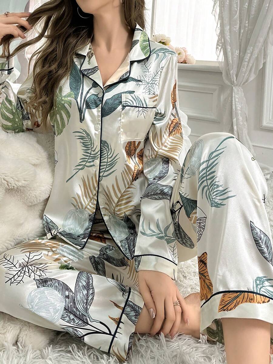 LuxeNights 女士植物印花领仿丝绸睡衣套装，秋冬服装 - 彩色 - 查看 1