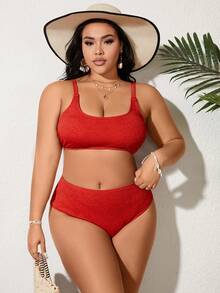 SHEIN Swim Curve Plus Size Women's Solid Color Bikini Set Summer Beach - Red - View 4