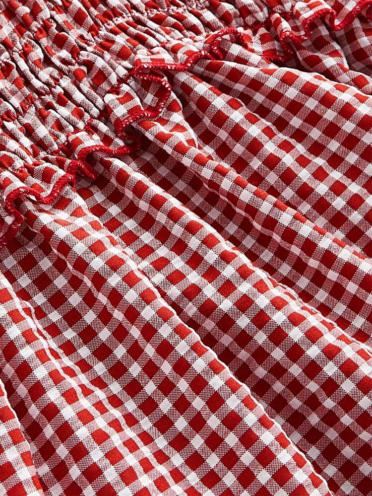 Plaid-Patterned Bowknot Decorated Babydoll Cami Top, School