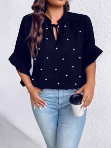大尺碼女性系帶領結珍珠裝飾襯衫 - 藏蓝色 - 查看 7