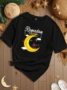 SHEIN LUNE Kaos Hitam Wanita dengan Slogan Berkat Desain Festival dan Bulan - Hitam - View 2