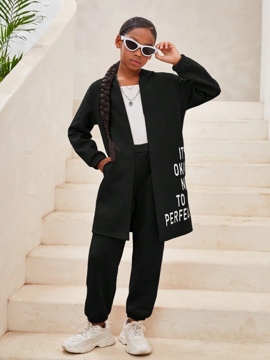 Cô gái Tween Thể thao Trang phục trên phố Đan Dài Khóa kéo-lên Hoodie Và Quần Chạy bộ Bộ - màu đen - Xem 1