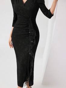 Modelyn 女士 V 领泡泡袖连衣裙长款晚礼服 - 黑色 - 查看 3