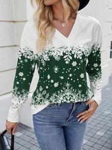 SHEIN LUNE 女款雪花印花長袖t恤 - 綠色 - 查看 3