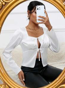 Aveloria Women'S Long Sleeve Lace Panel Tie Detail Shirt Fall Cloth For Women