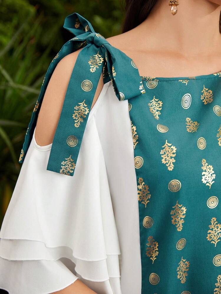 Women'S Color Block Patchwork Dress With Asymmetrical Collar, Foil Print