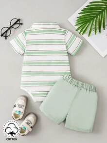 SHEIN Set de 2 piezas: body a rayas de bloques de color y pantalones cortos lisos para bebé niño - Azul Cadete - Ver 2