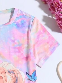 SHEIN Holiday,Summer,TravelTween Girls' Cartoon Portrait Butterfly & Letter Printed Casual Dress - Multicolor - View 4