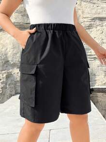 SHEIN EZwear Plus Size Women's Black Straight Shorts Fifth Pants
