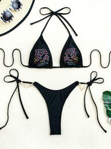 Women's Rhinestone Dolphin Patterned Separated Bikini Set Summer Beach - Black - View 6