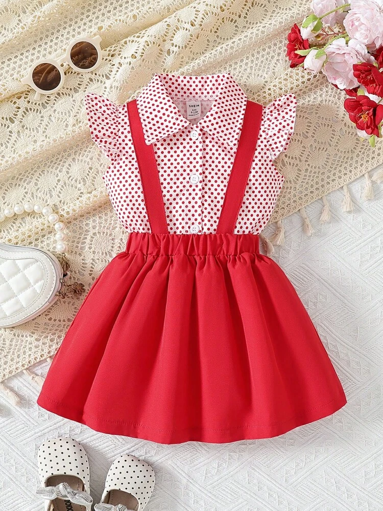 Baby Girl Ruffled Short Sleeve Polka Dot Top And Overall Skirt Cute Outfit