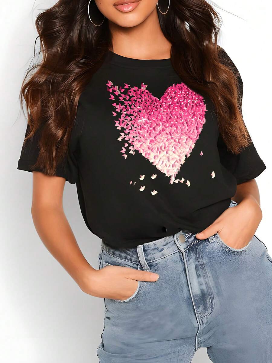 SHEIN LUNE 3d心形紋圓領短袖t恤,完美適用於浪漫的情人節 - 黑色 - 查看 1