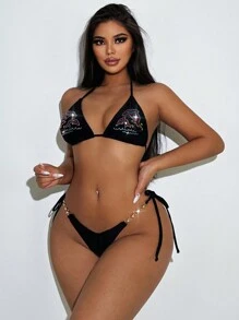 Women's Rhinestone Dolphin Patterned Separated Bikini Set Summer Beach - Black - View 4