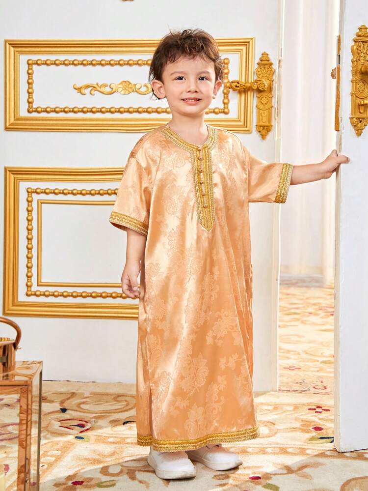 Young Boy's Loose Fit Casual Jacquard Round Neck Long Shirt