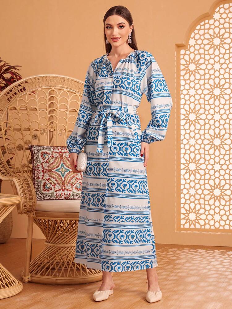 Printed V-Neck Lantern Sleeve Dress Fall Cloth For Women