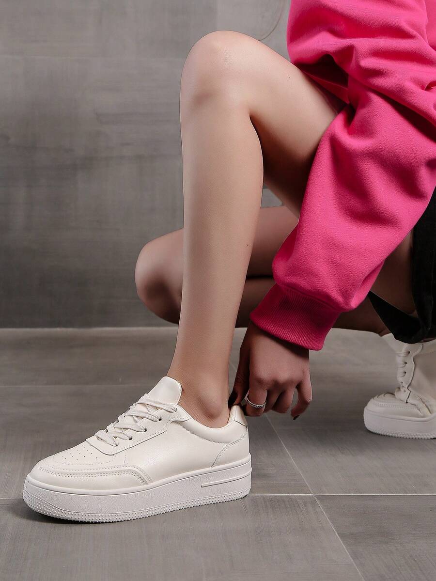 春夏新款時尚女士厚底增高白色運動鞋女士休閒鞋 - 米色 - 查看 1