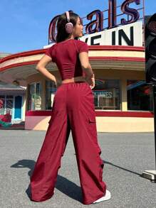 SHEIN EZwear Của phụ nữ In Khẩu hiệu Áo Và Quần Cargo Bộ - Đỏ - Xem 2