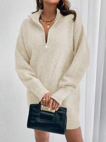 SHEIN Frenchy Một nửa khóa kéo Đứng cổ áo Thả vai Tay áo Đầm Áo len - Màu be - Xem 8