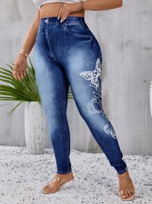 Leggings efecto denim con estampado & con estampado de mariposa