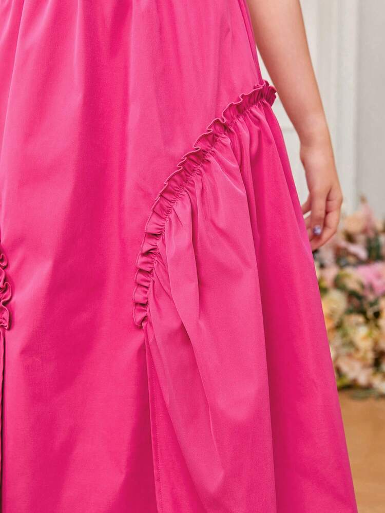 Teen Girls' Solid Color Elastic High Waist Asymmetrical Ruffle Hem Skirt