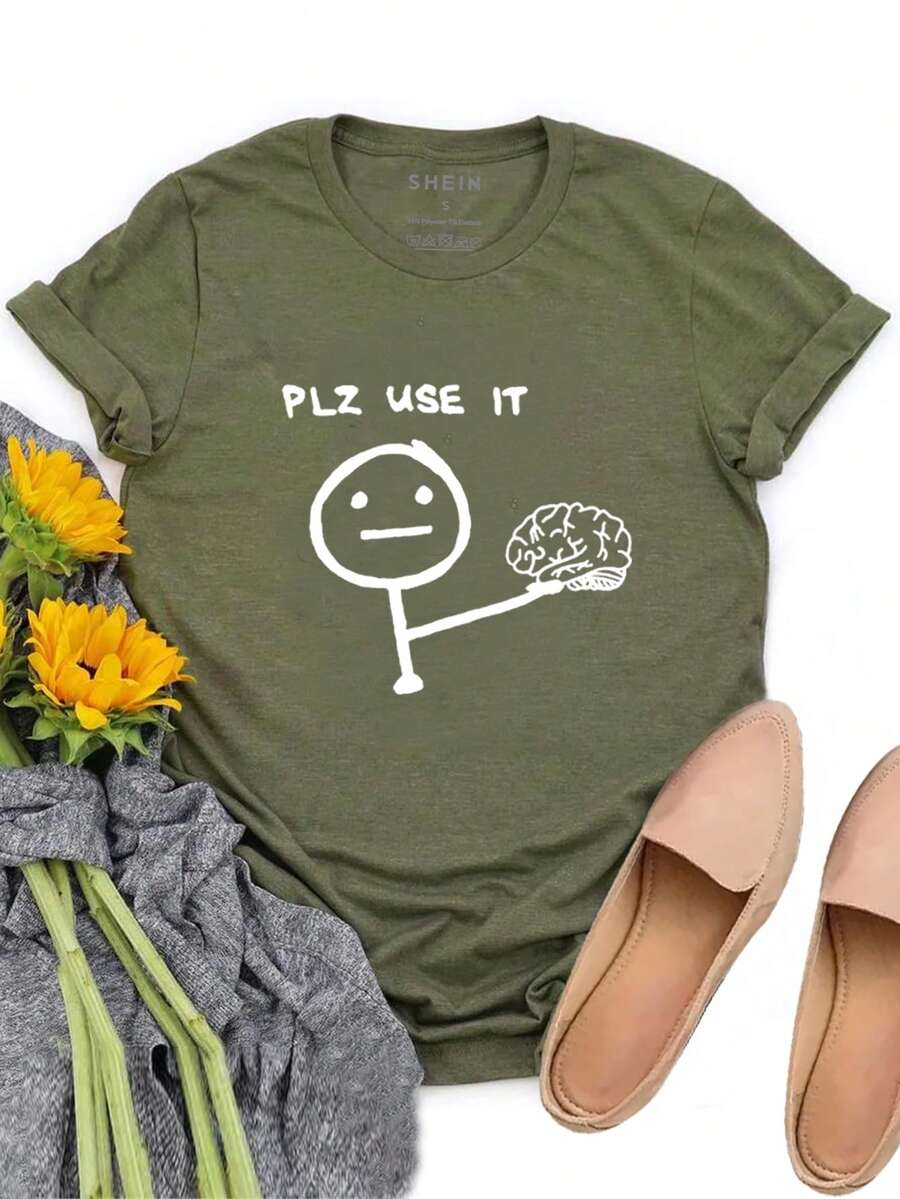 SHEIN LUNE Ladies' Cartoon Letter Print Short Sleeve T-Shirt - Army Green - View 1