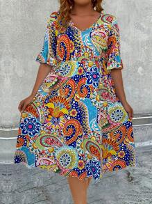 Breezaya 大碼佩斯利印花蝙蝠袖洋裝 - 彩色 - 查看 4